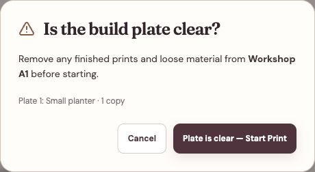 Meldsy build-plate safety confirmation naming Workshop A1, Plate 1 Small planter, and one copy.