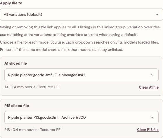 Meldsy sliced-file mapping controls with an all-variations default and separate A1 and P1S file choices.