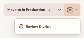 Orange Bambuddy dropdown attached to the order workflow controls, with Review & print open.