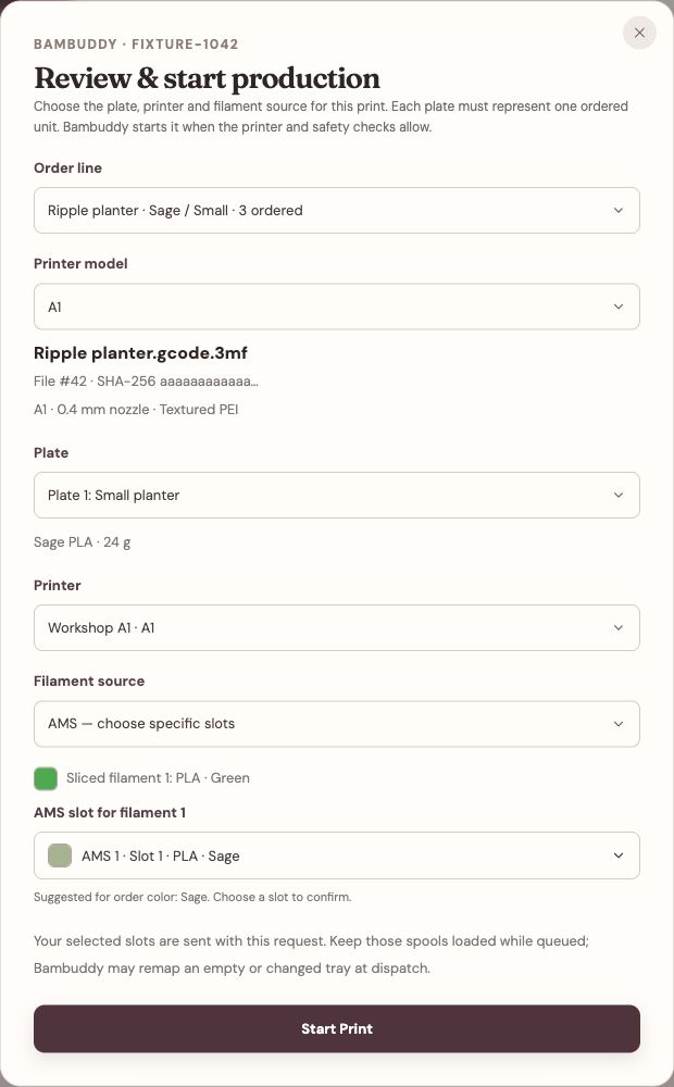 Full Meldsy print-review modal, including the order line, sliced file, plate, printer, AMS slot, and Start Print button.