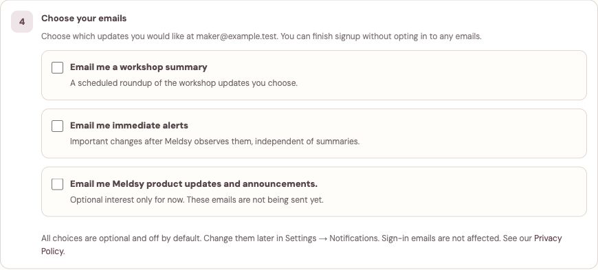 The actual Choose your emails step in Meldsy first-time setup, with three independent unchecked email choices and fictional account details.