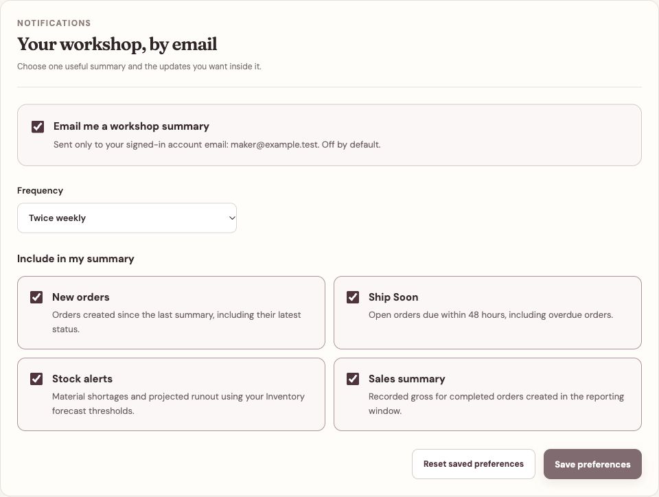 Meldsy workshop-summary settings with the email opt-in, Twice weekly frequency, four content choices, and separate Reset and Save buttons.