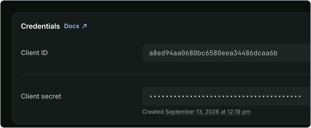 Shopify Dev Dashboard Credentials card showing Client ID and a masked Client secret.