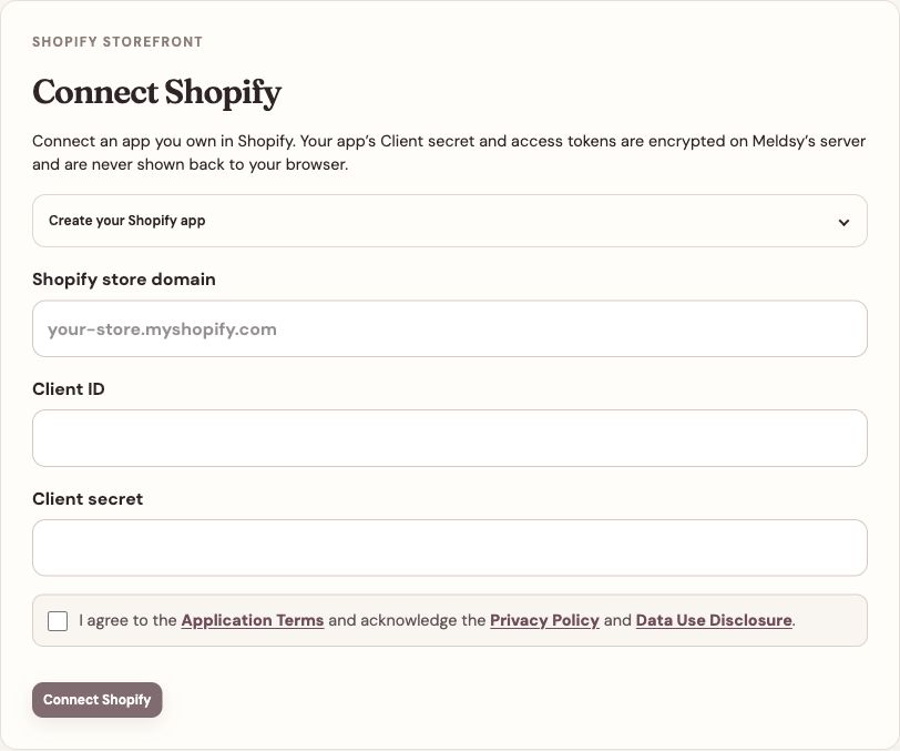 Meldsy Shopify connection form with store domain, Client ID, and empty Client secret fields.
