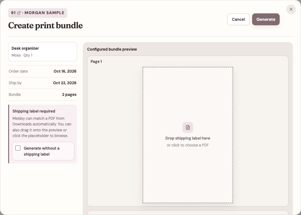 Meldsy print-bundle preview showing the shipping-label PDF drop zone.