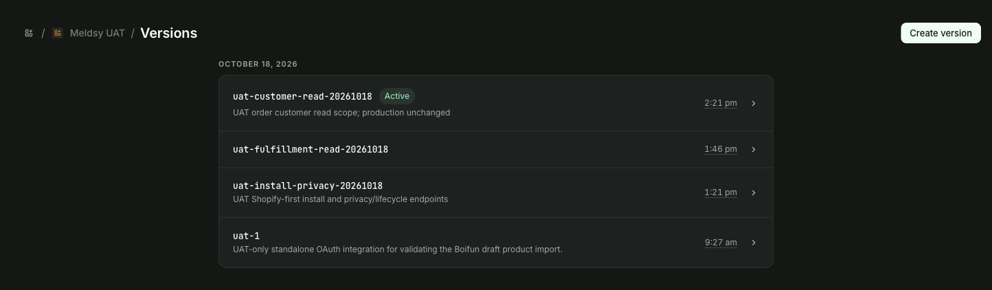 Shopify Dev Dashboard showing versions of the Meldsy app and the Create version action.