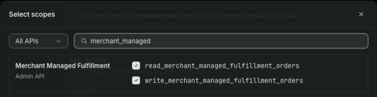 Shopify scope selector filtered to merchant_managed, with both required fulfillment-order permissions selected.