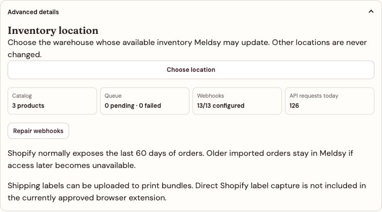 Connected Shopify Advanced details showing inventory location and webhook status.