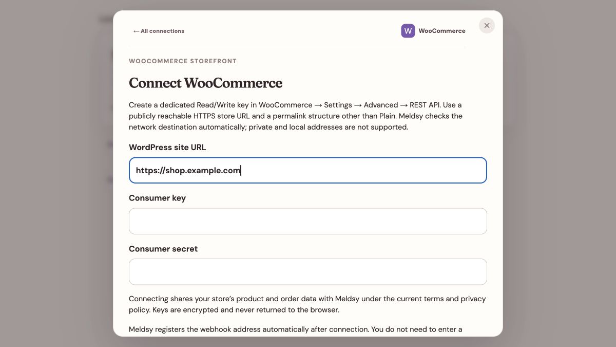 Meldsy WooCommerce connection form showing store URL and empty API key fields.