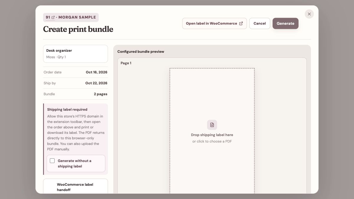 Meldsy WooCommerce print bundle with Open label in WooCommerce and manual PDF fallback controls.