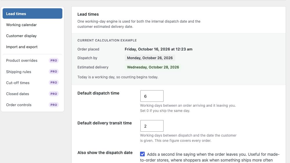 PluginCity Delivery Estimates settings with the live calculation example, dispatch time, and delivery transit time.