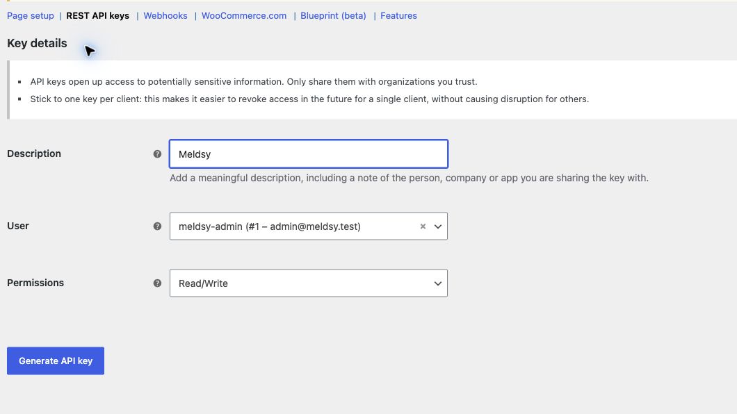 WooCommerce REST API key form with description, user, and Read/Write permission controls; no generated credentials are shown.
