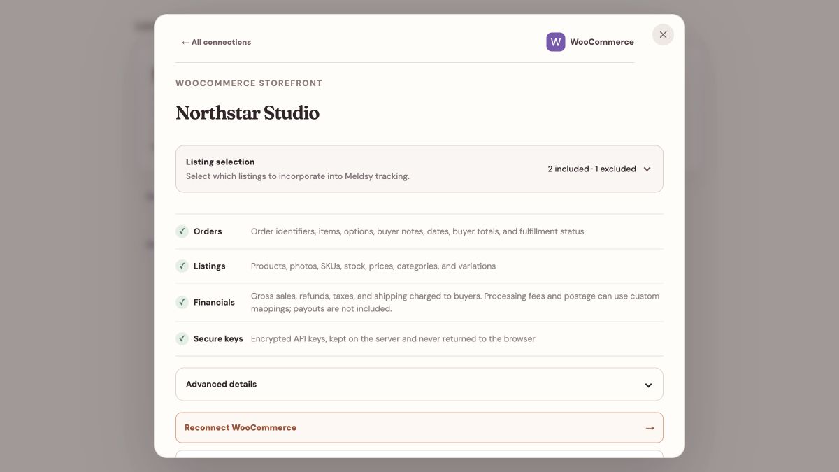 Connected sample WooCommerce settings with Listing selection and Advanced details.