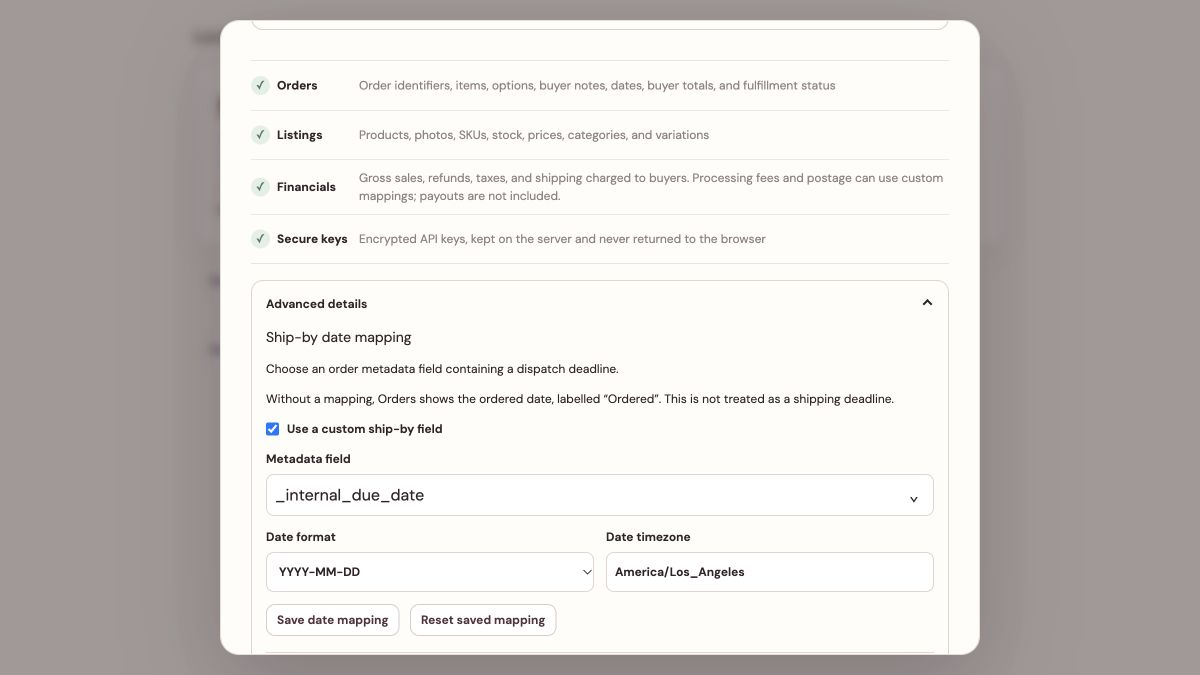 Meldsy Ship-by date mapping with the custom field enabled, _internal_due_date, YYYY-MM-DD, and America/Los_Angeles.