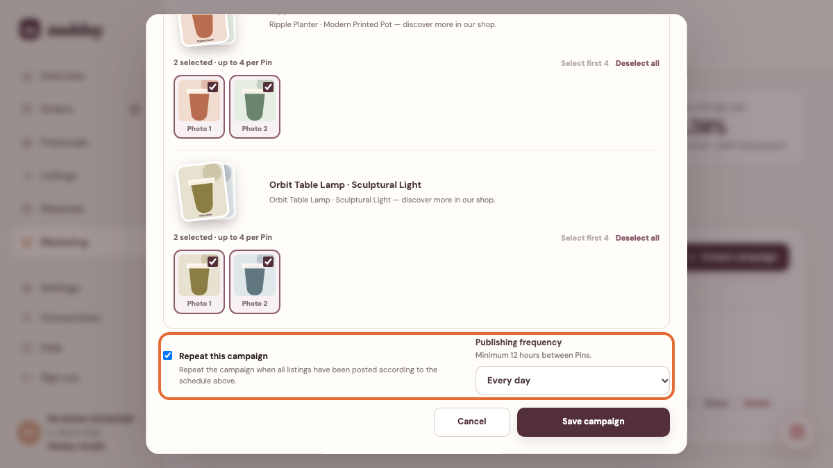 Meldsy campaign editor showing per-product photo selections, a repeating campaign option, and publishing frequency