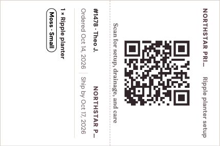 Actual Meldsy print renderer: a 4 by 6 landscape page containing Theo’s Ripple planter packing slip and QR setup instructions.
